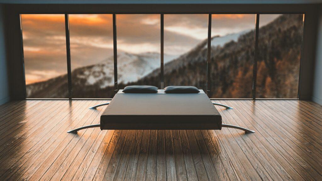 3D Zimmer mit Bett und großem Fenster