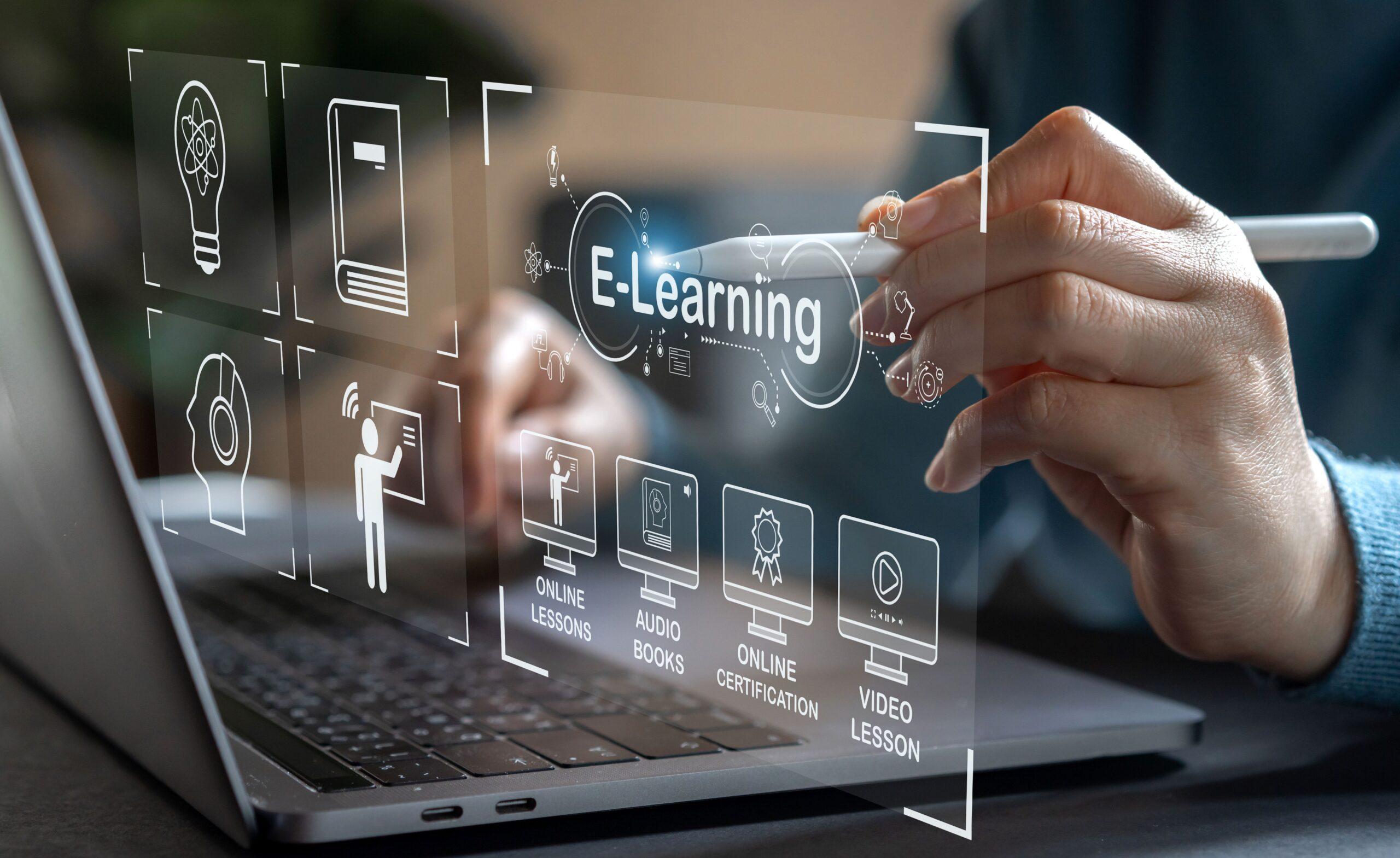 Digitale E-Learning-Inhalte mit Icons für Audio, Video und Zertifikate auf Laptop