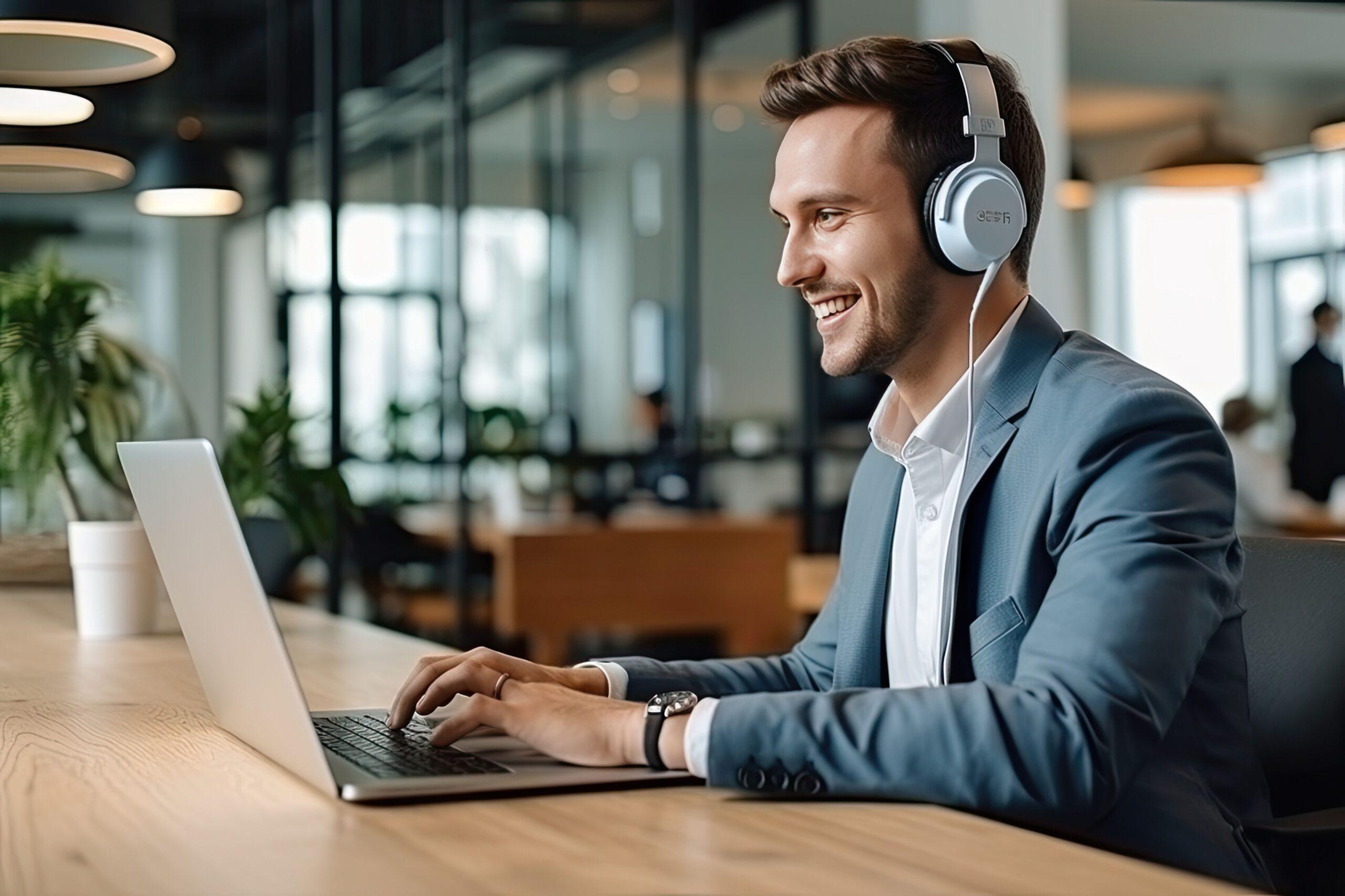 Geschäftsmann mit Laptop und Kopfhörern beim Online-Meeting oder Lernen